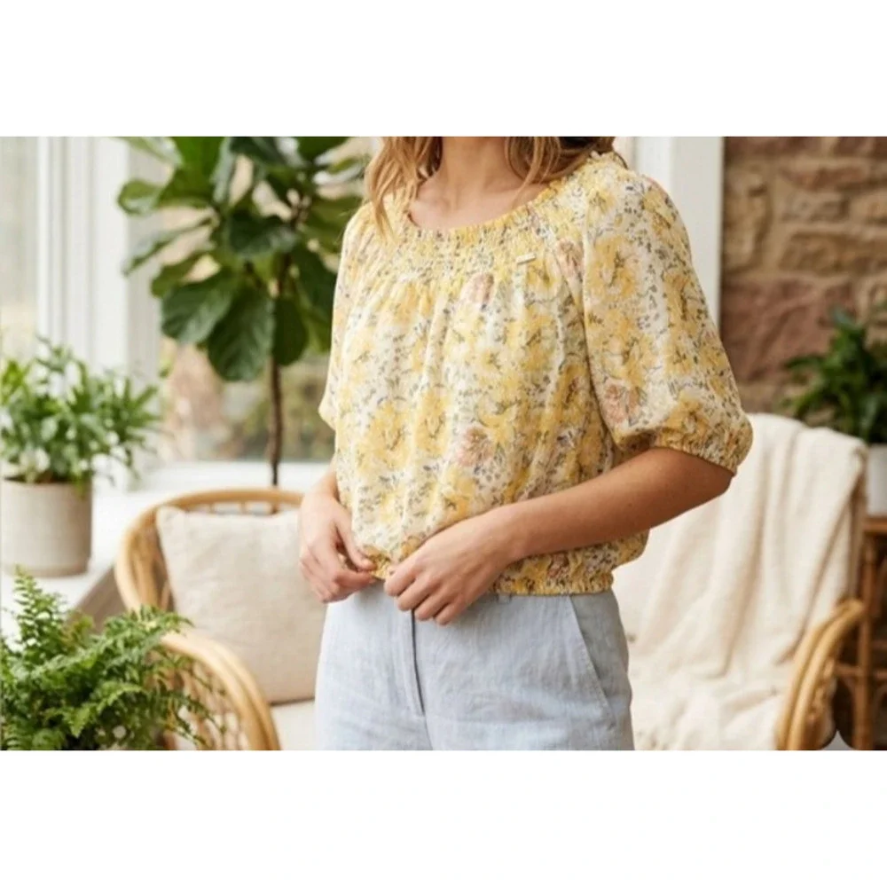 Joie Womens Blouse White Yellow Floral Half Sleeve Smocked Off Shoulder Size M